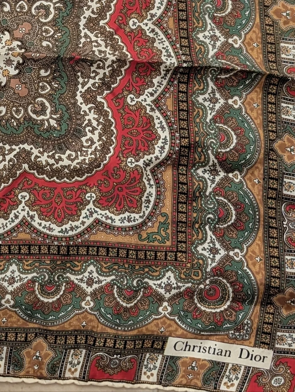 Vintage Silk Christian Dior Neck Scarf in Red, Green & Brown